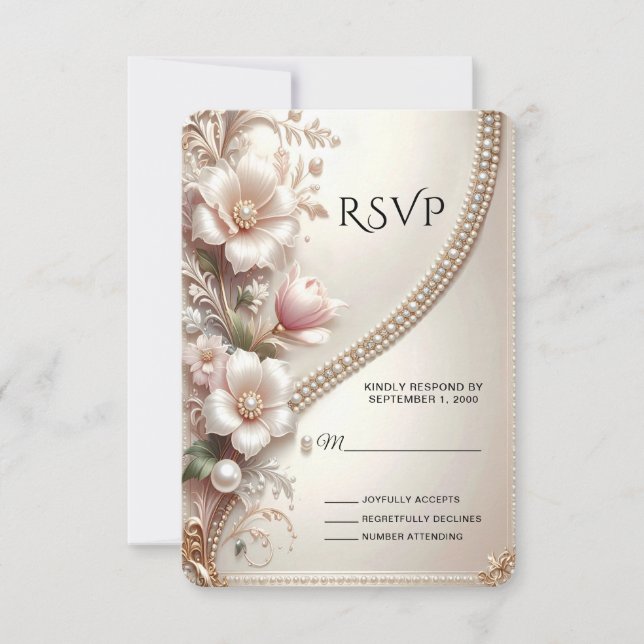 Blommiga och pärldekorerade RSVP-kort OSA Kort (Framsida)