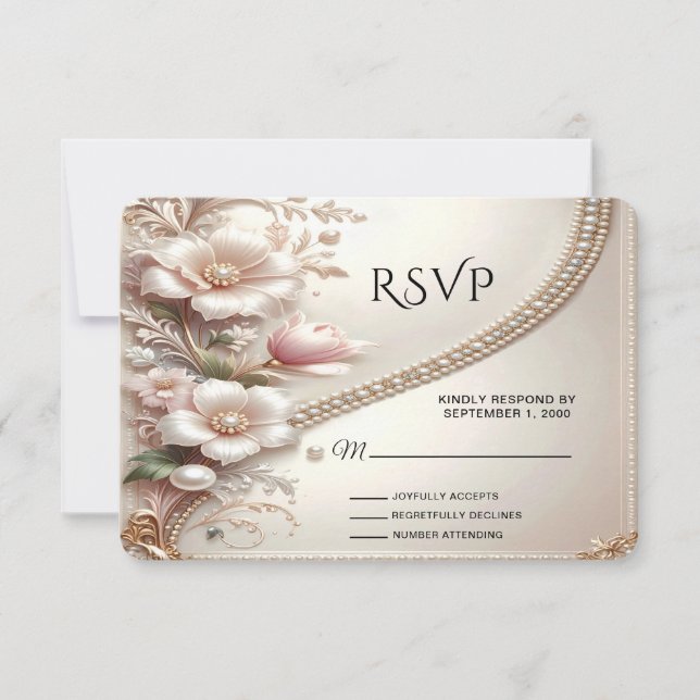 Blommiga och pärldekorerade RSVP-kort OSA Kort (Framsida)