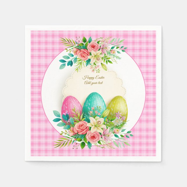 Blommiga påskägg & akvarell rosa rosor pappersservett (Framsidan)