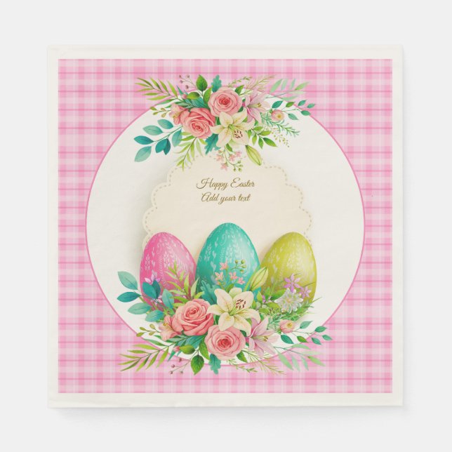 Blommiga påskägg & akvarell rosa rosor pappersservett (Framsidan)