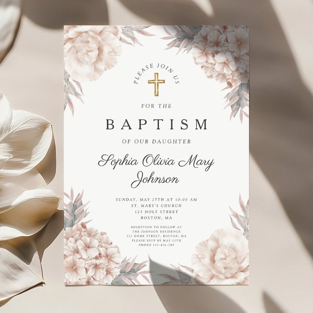Blommiga Peonies Guld Kors Flicka Religiöst Dop Inbjudningar (Floral Peonies Gold Cross Girl Religious Baptism Invitation)