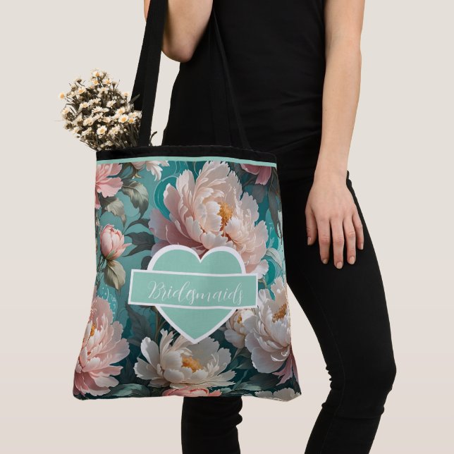 Blommiga Peonies multi Print Brudtärna Totebag Tygkasse (Närbild)