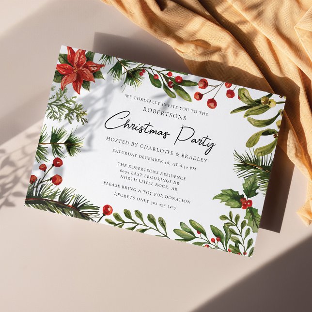 Blommiga Röda Bär Grönska Script Julfest Inbjudningar (Poinsettia Mistletoe Christmas Party Invitation)