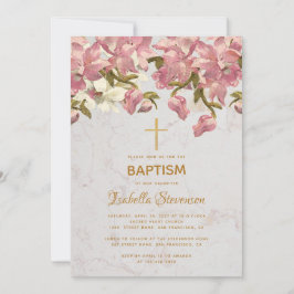 Blommiga rosa orkidéer marmor guld dopkors inbjudningar