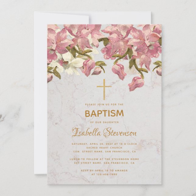 Blommiga rosa orkidéer marmor guld dopkors inbjudningar (Framsida)