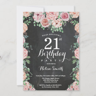 Blommiga Rosa Peonies 21-års Chalkboard Inbjudningar