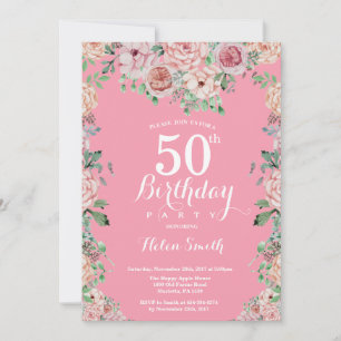 Blommiga Rosa Peonies 50-års Födelsedagsinbjudan Inbjudningar