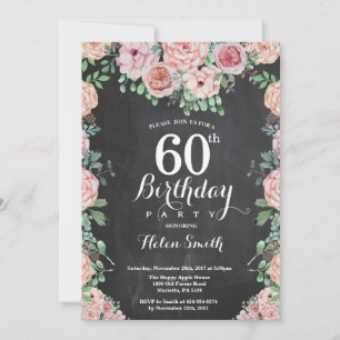Blommiga Rosa Peonies 60-års Chalkboard Inbjudningar