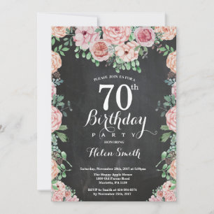 Blommiga Rosa Peonies 70-års Chalkboard Födelsedag Inbjudningar