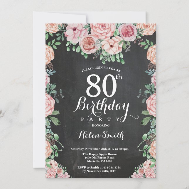 Blommiga Rosa Peonies 80-års Chalkboard-födelsedag Inbjudningar (Framsida)