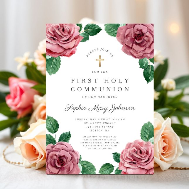 Blommiga Rosa Peonies Flickor Religiös Första Komm Inbjudningar (Floral Pink Peonies Girl Religious First Communion Invitation)