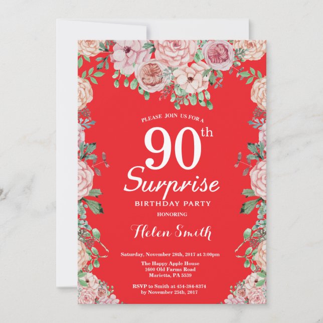 Blommiga Rosa Peonies Överraskar 90-årsdag Röd Inbjudningar (Framsida)
