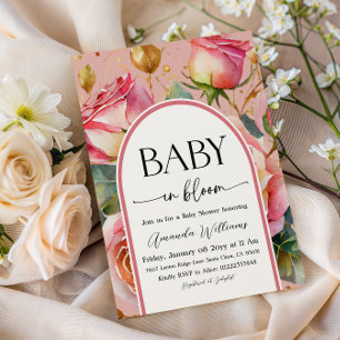 Blommiga Rosor Rosa Flicka Baby i Knopp Babyfirand Inbjudningar