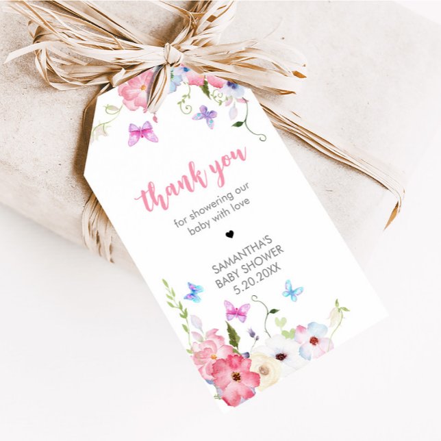 Blommiga små fjäril Baby Shower Fördelningsmärken Presentetikett (Floral Our Little Butterfly Baby Shower Favor Tags)
