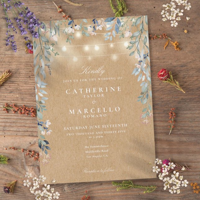 Blommiga strängljus Rustik kraftbröllop Inbjudningar (Floral String Lights Rustic Kraft Wedding Invitation)