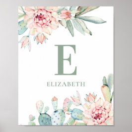 Blommiga suckulenter baby monogram. Kaktus plantsk Poster