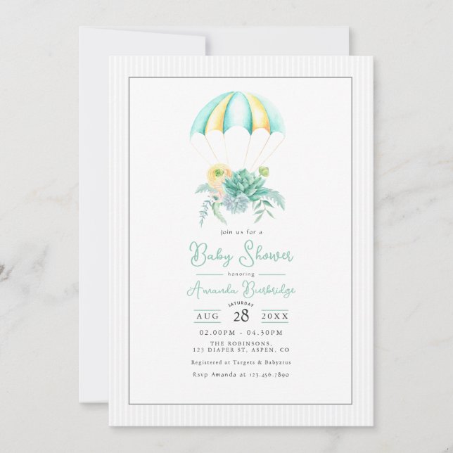 Blommiga Sukkulentbukett Fallskärms Baby Shower Inbjudningar (Framsida)
