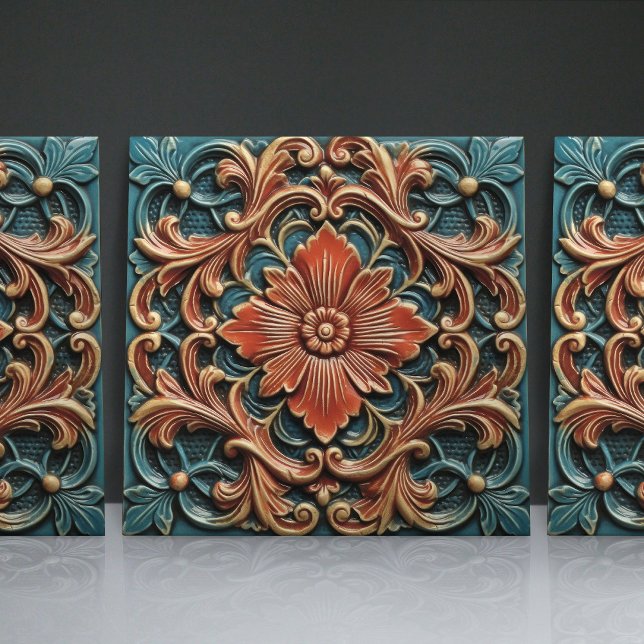 Blommiga viktorianska teal orange bladsmönster kakelplatta (Skapare uppladdad)