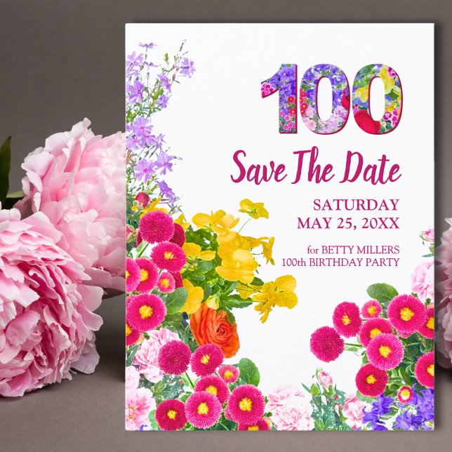 Blommigt 100 år Blommor 100:e Födelsedagsfesten Spara Datumet (Skapare uppladdad)