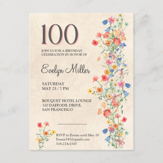 Blommigt 100:e födelsedagen - Elegant Wildblommor Inbjudan Vykort (Framsida)