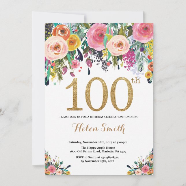 Blommigt 100:e födelsedagsinbjudan Guld Glitter Inbjudningar (Framsida)