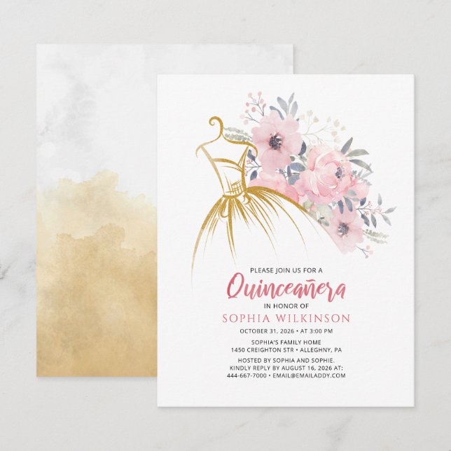Blommigt 15:e födelsedagen Faux Guld Dress Modern (Fram/baksida)