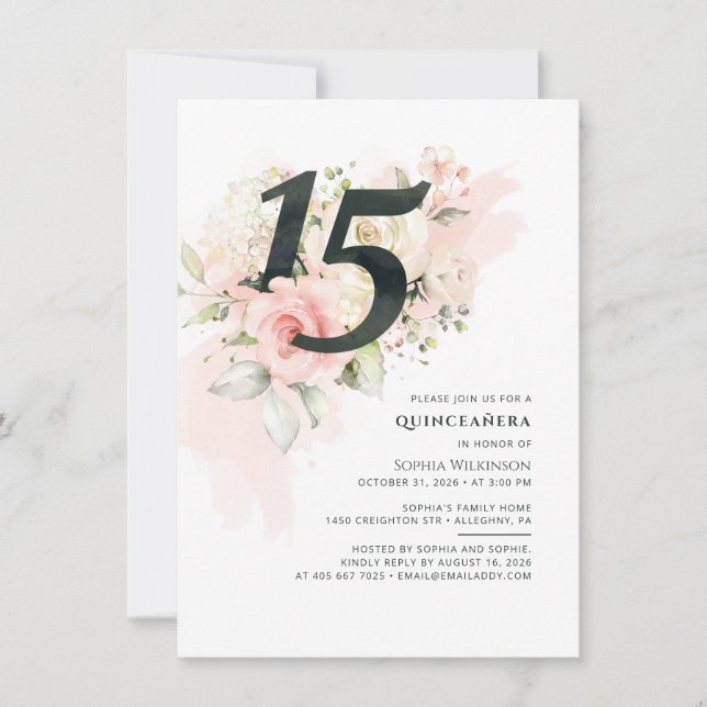 Blommigt 15:e födelsedagen Grey Rosa Quinceanera Inbjudningar (Framsida)