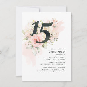 Blommigt 15:e födelsedagen Grey Rosa Quinceanera Inbjudningar