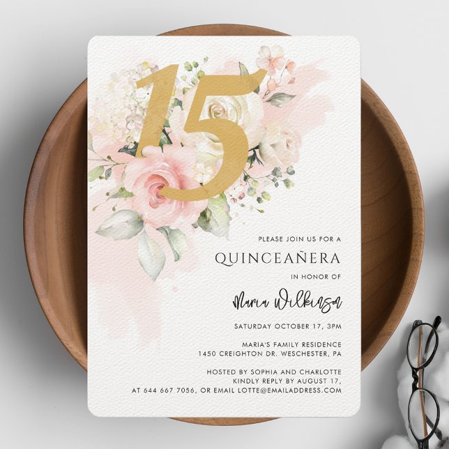 Blommigt 15:e födelsedagen Quinceanera Watercolor Inbjudningar (Quinceanera 15th Birthday Party Floral Invitation)