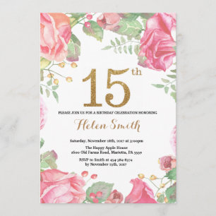 Blommigt 15:e födelsedagsinbjudan Guld Glitter Inbjudningar