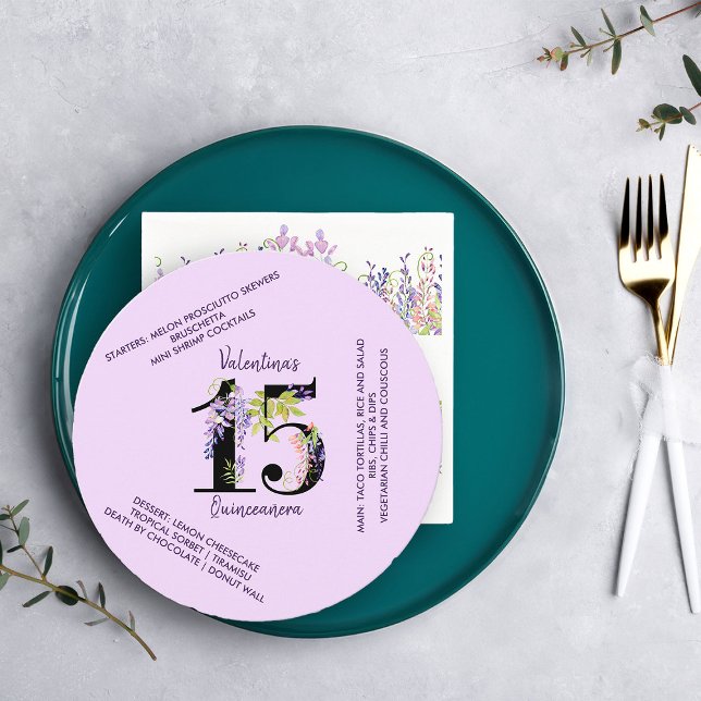 Blommigt 15 Lila Wisteria Quinceanera Birthday Meny (15th Birthday Menu from my Purple Wisteria Quinceanera Collection)