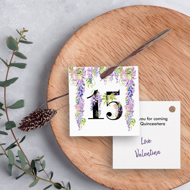 Blommigt 15 Lila Wisteria Quinceanera Gåvor Etiketter (Quinceanera Favor Tags from my Purple Wisteria Quinceanera Collection)