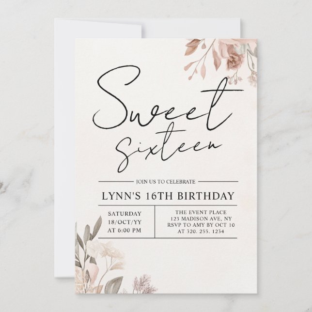 Blommigt 16:e Födelsedagsfesten Inbjudningar (Framsida)