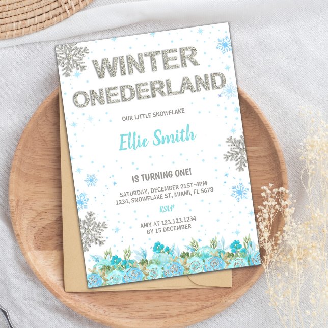 Blommigt 1:a födelsedagen för flickor inbjudningar (Green Floral Winter ONEderland Invitations)