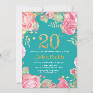 Blommigt 20:e födelsedagen Guld Glitter och Teal Inbjudningar