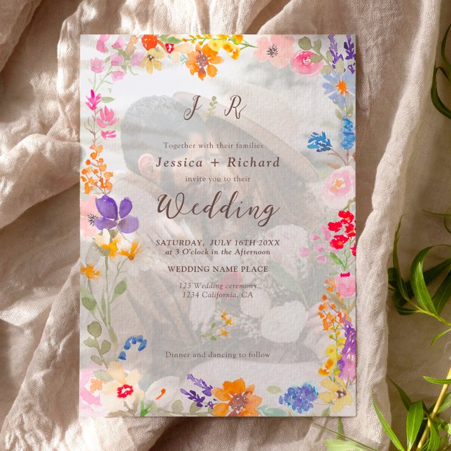 Blommigt 2 foto initialer bröllop inbjudningar (Boho garden summer floral 2 photo initials wedding invitation)