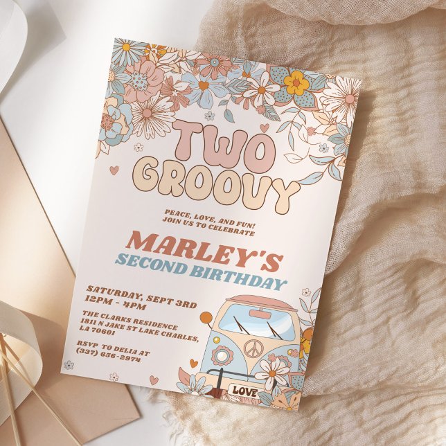 Blommigt 2 Groovy 2:a Födelsedagsfesten Retro Inbjudningar (Skapare uppladdad)