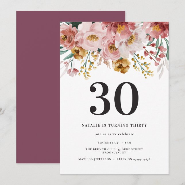 BLOMMIGT 30ÅRS FÖDELSEDAG LILA CHIC i  (Fram/baksida)