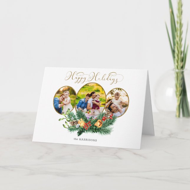 Blommigt 3-foto Guld Glad helg-skript Helgkort (Framsida)