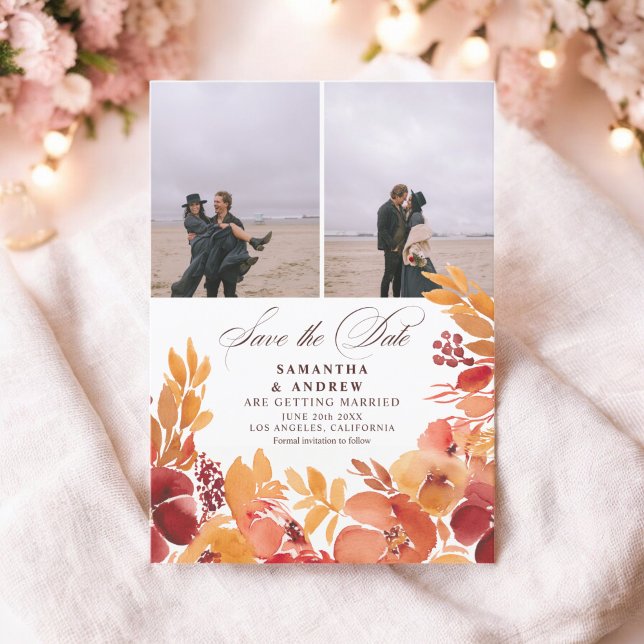 Blommigt 3-foton spara datumet bröllop (Rustic fall floral 3 photos save the date wedding)