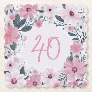 Blommigt 40:e födelsedagen Party Pastel Rosa Flowe Underlägg Papper