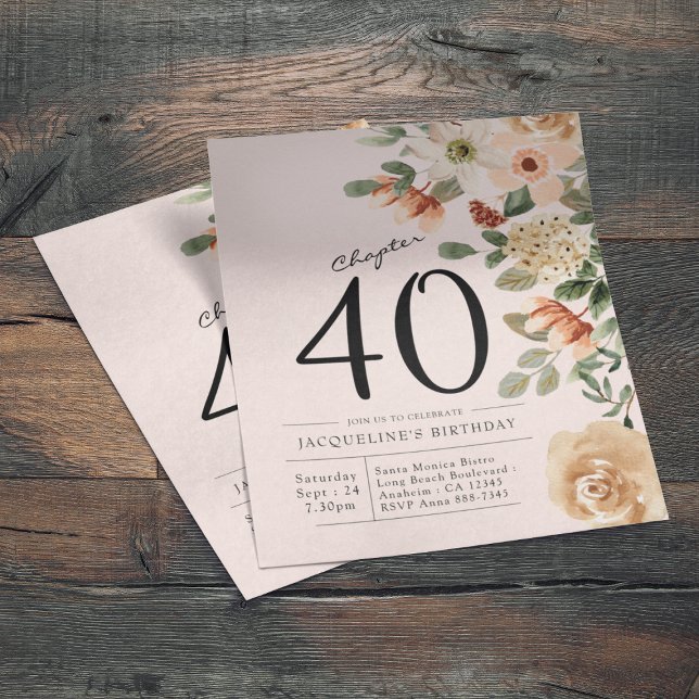 Blommigt 40:e födelsedagsbudgetinbjudan flygblad (Floral 40th birthday budget invitations. Easily personalised for that unique touch.)