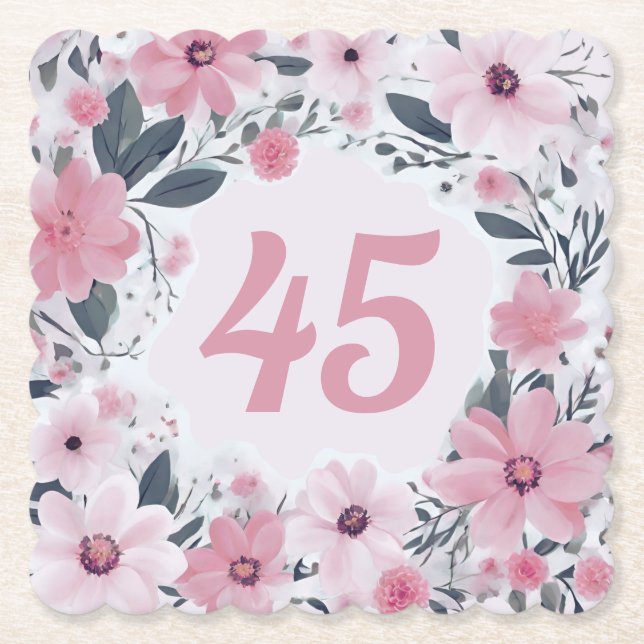 Blommigt 45:e Födelsedagsfesten Pastel Rosa Flower Underlägg Papper (Framsida)