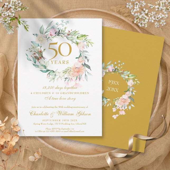 Blommigt 50:e årsdagen av Golden Bröllop-årsdagen Inbjudningar (Floral 50th Golden Wedding Anniversary Memories Invitation)