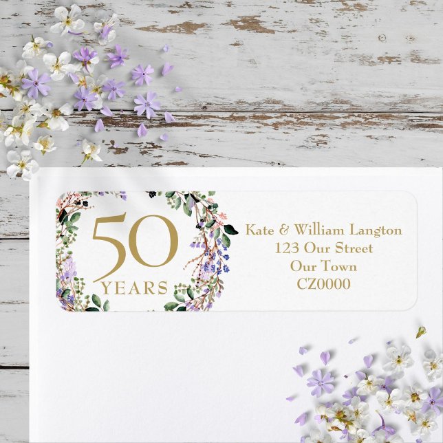Blommigt 50:e Bröllop-årsdagen Returadress Etikett (Floral 50th Wedding Anniversary Return Address Label)