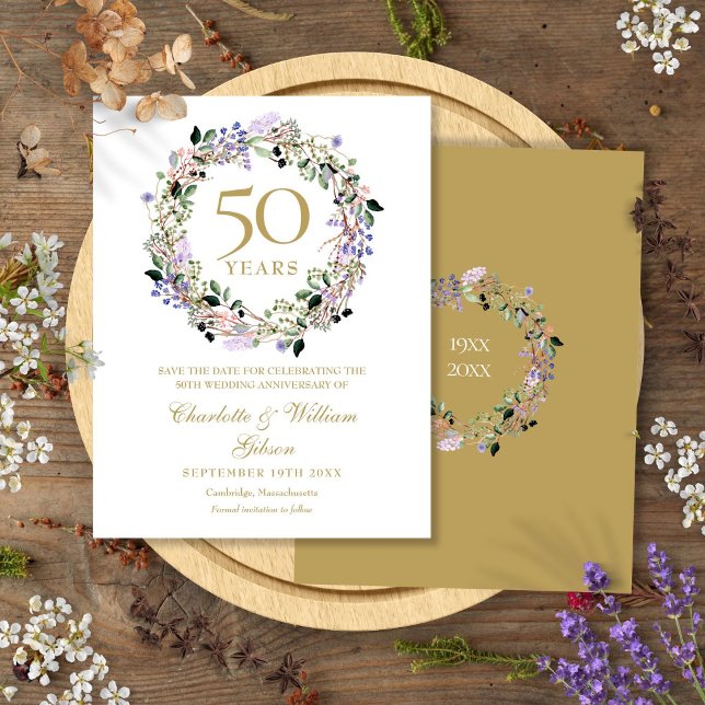 Blommigt 50:e Bröllop-årsdagen Spara datumet Meddelande Vykort (Floral 50th Wedding Anniversary Save the Date Announcement Postcard)