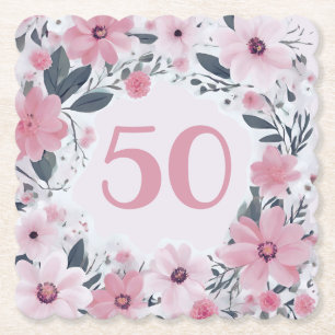Blommigt 50:e Födelsedagsfesten Pastel Rosa Flower Underlägg Papper