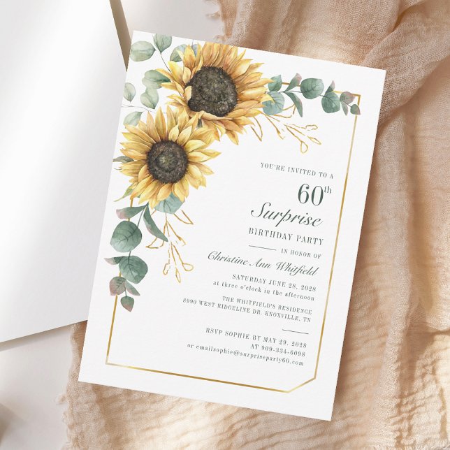 Blommigt 60:e årfärgsdagen för solros inbjudningar (Floral 60th Birthday Sunflower Eucalyptus Invitation)