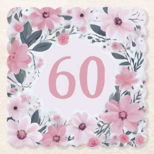 Blommigt 60:e Födelsedagsfesten Pastel Rosa Flower Underlägg Papper