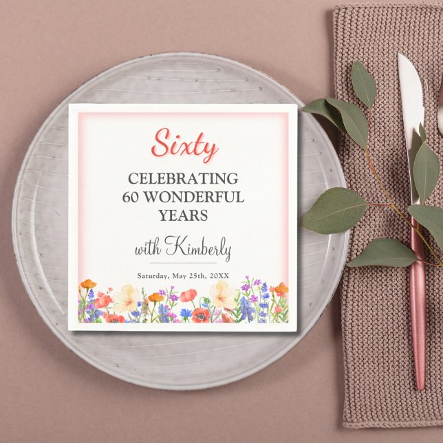 Blommigt 60:e födelsedagsfestens blöjor 60 år blom pappersservett (Skapare uppladdad)